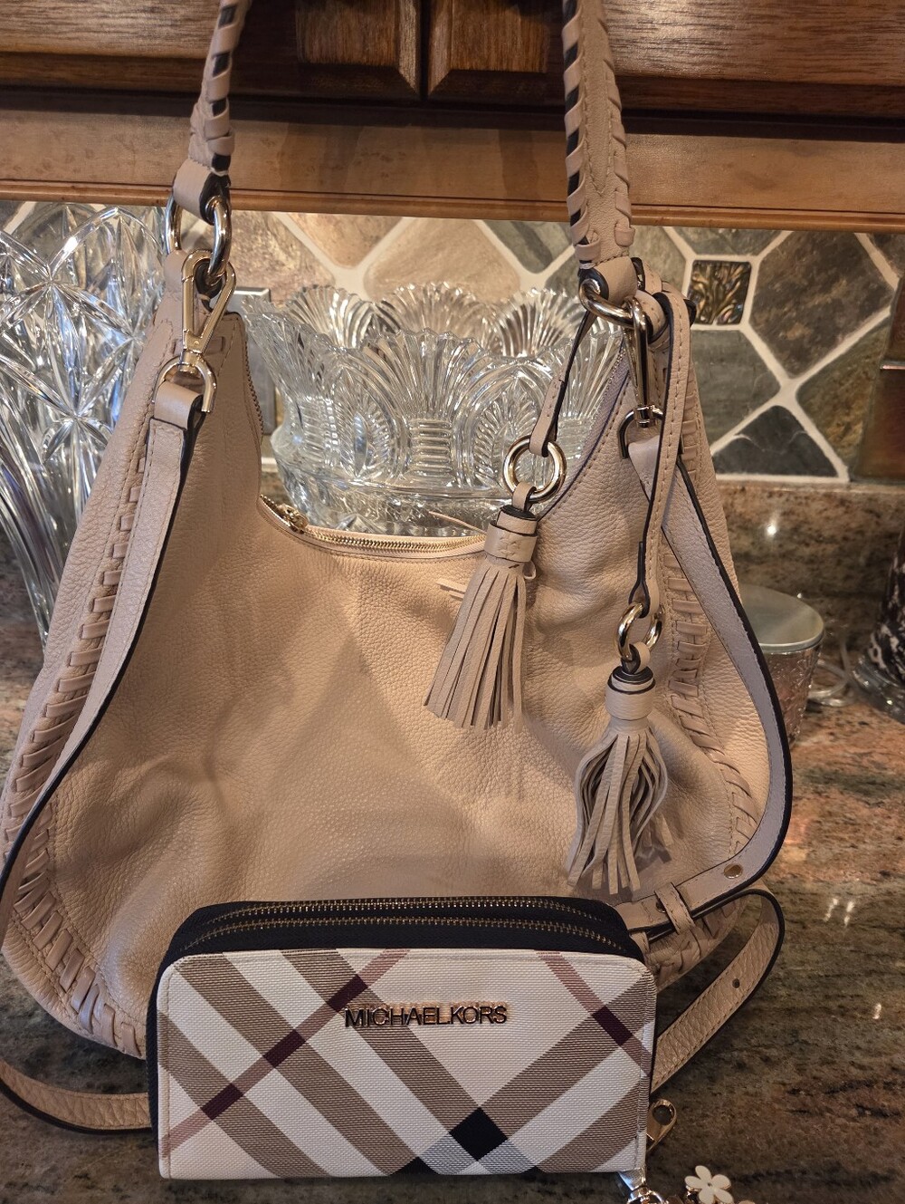 Michael Kors Pink-Tan Leather Hobo Bag with Tassel And Wallet